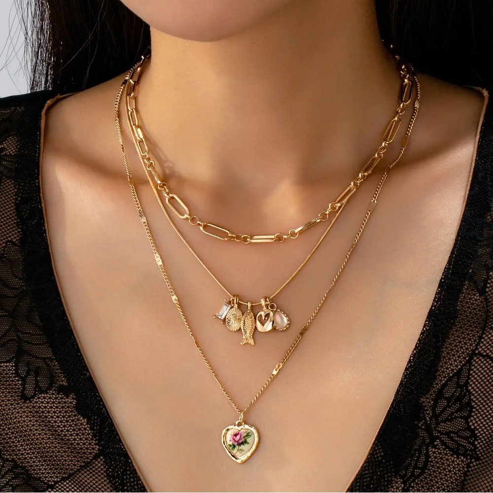 Gold Layered Necklace with Porcelain Floral Heart Pendant